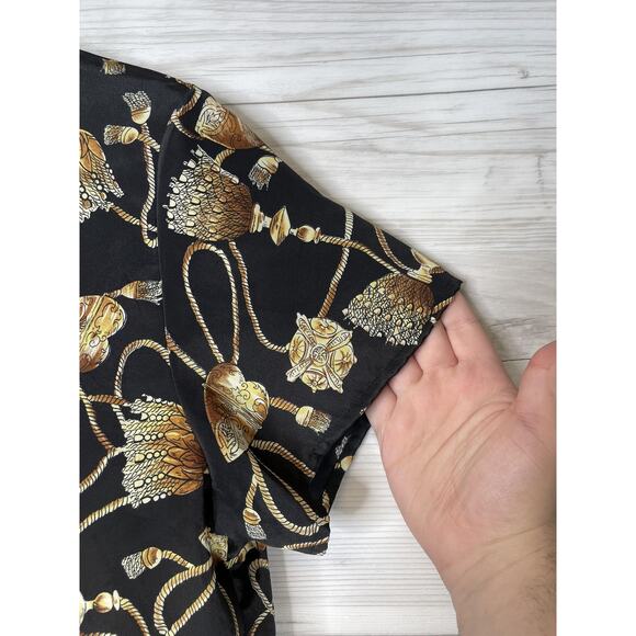 Hana Sung Blouse Womens Medium Black Gold Baroque Tassel Rope Print Short Sleeve - Picture 3 of 8